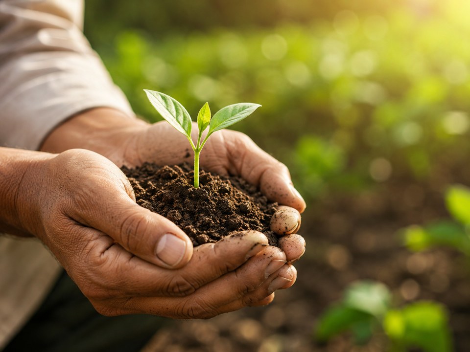 A pair of hands holding soil with a young seedling growing in it