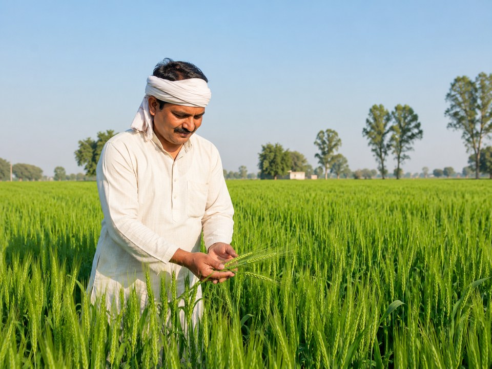 A farmer inspecting a healthy crop